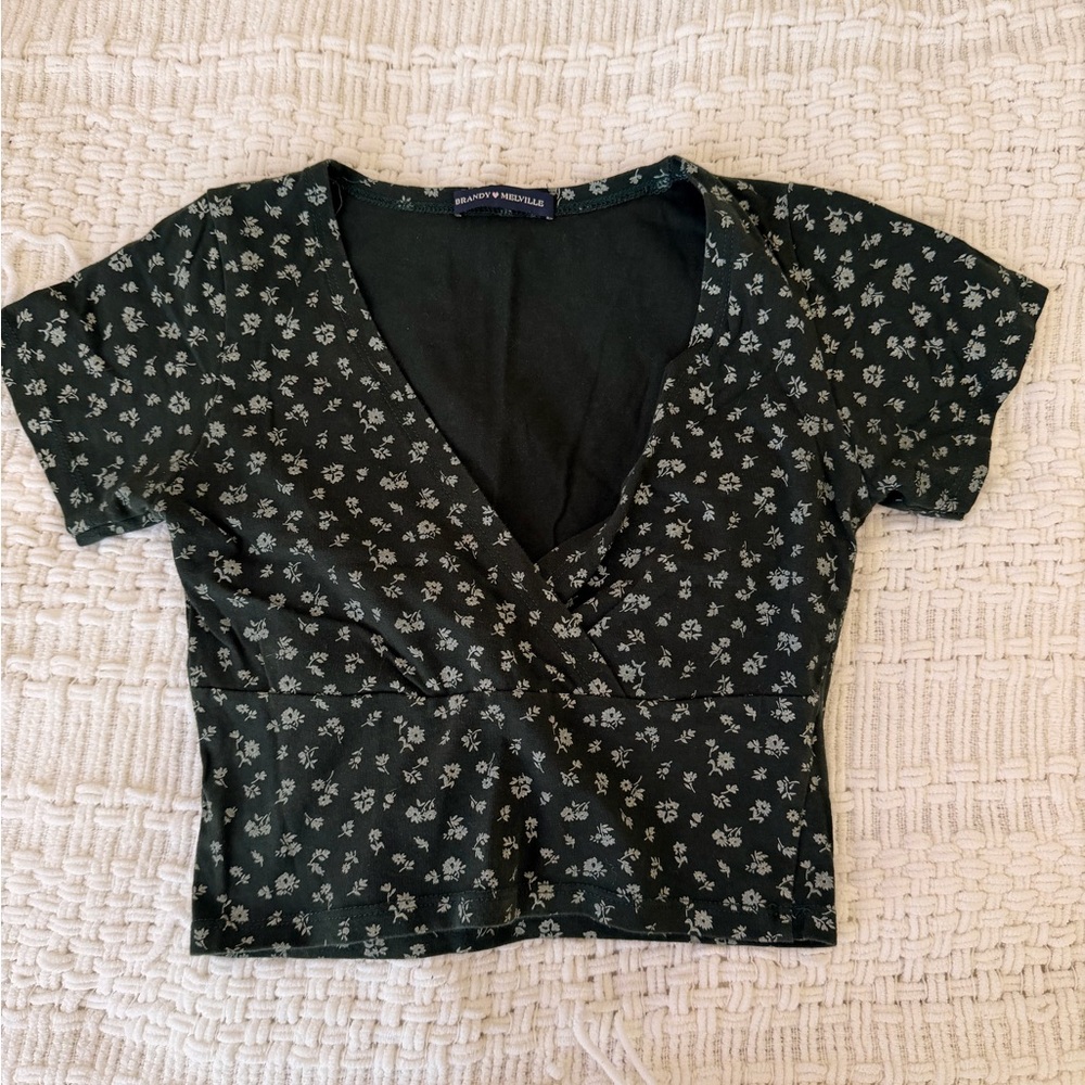 Brandy Melville Forest Green Floral Wrap-Style Crop Top